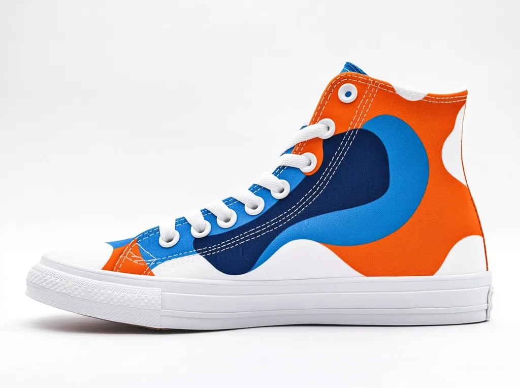 A vibrant high-top Converse sneaker is showcased against a stark white backdrop.  The shoe features a bold, abstract design with swirling patterns in bright orange, blue, and navy, creating a dynamic and eye-catching effect. The white sole provides a clean contrast to the colorful upper. The laces are white, matching the classic Converse style.