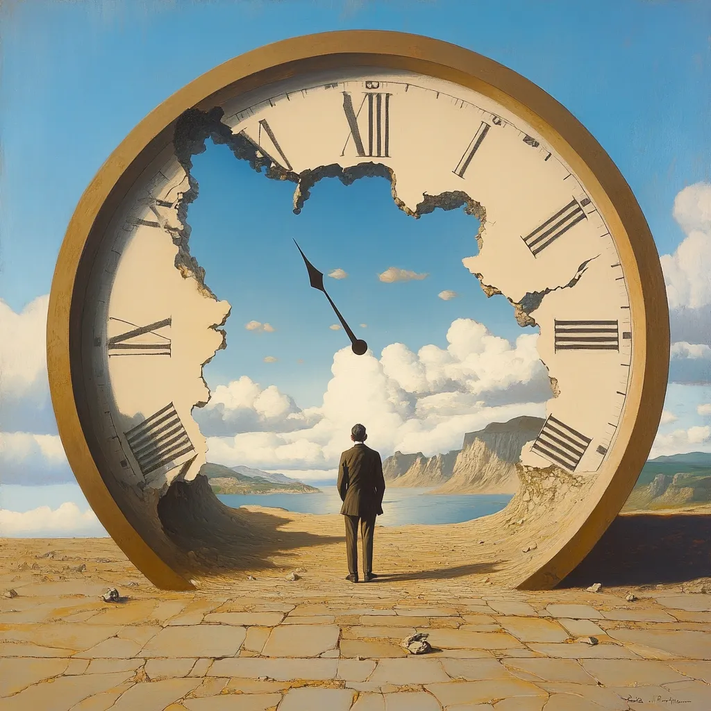 A surreal painting depicts a giant, broken clock face, its fragmented sections revealing a tranquil seascape.  A man in a suit stands facing the vista, his back to the viewer. The clock's structure is partially embedded in the sandy ground, suggesting the passage of time and the fragility of its structure, creating a powerful image of introspection and the ephemerality of life.