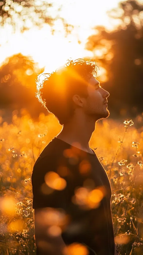 Silhouetted against a vibrant sunset, a young man stands in a field of wildflowers.  The golden light bathes him, creating a warm, ethereal glow. His face is turned towards the sun, his expression serene and peaceful. The bokeh effect from the out-of-focus flowers adds to the image's dreamy atmosphere, emphasizing the tranquil moment.