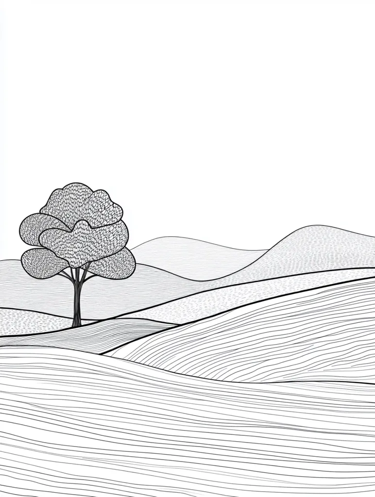 A minimalist line drawing depicts a serene landscape.  A single tree stands prominently in the foreground against a backdrop of gently rolling hills. The style is simple and elegant, emphasizing the contours of the land and the solitary tree. The lines create a sense of depth and tranquility, suggesting a peaceful and expansive view. The overall effect is calming and aesthetically pleasing.
