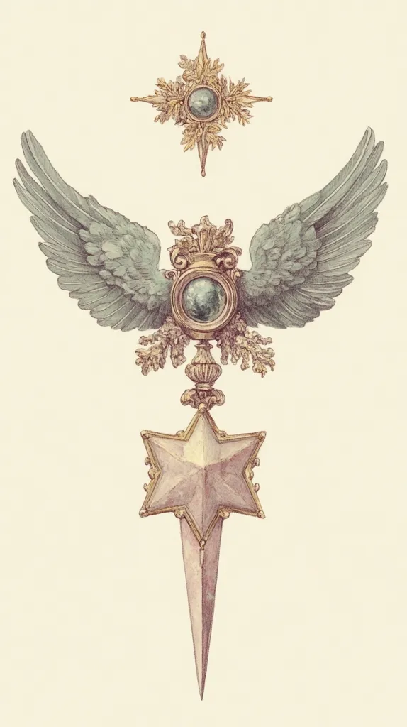An illustration depicts a stylized, ornate design.  At the top, a gold star with a central gemstone sits above a pair of large, pale-green wings.  These wings frame a central, gold, ornate element containing another gemstone, culminating in a pointed, star-shaped dagger. The overall aesthetic is regal and symbolic, suggestive of heraldry or a decorative emblem. The colors are muted and elegant.