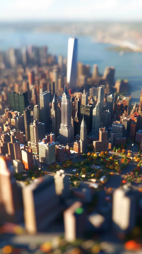 A miniature-like view of the New York City skyline. The Empire State Building is prominently featured, surrounded by other skyscrapers and autumnal foliage. The One World Trade Center is visible in the background, with a body of water extending towards the horizon.  The image showcases a dense urban landscape with a shallow depth of field, blurring the outer edges and enhancing the central focus on the buildings.