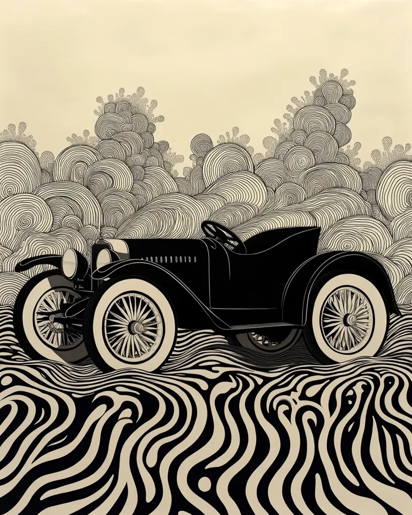 A vintage car, rendered in black and white, sits prominently in the foreground.  The vehicle is detailed with intricate lines, suggesting speed and movement. The background features a swirling, abstract landscape created using concentric circles and lines, creating a sense of motion and energy.  The overall style is reminiscent of Art Deco and suggests a nostalgic view of the past.