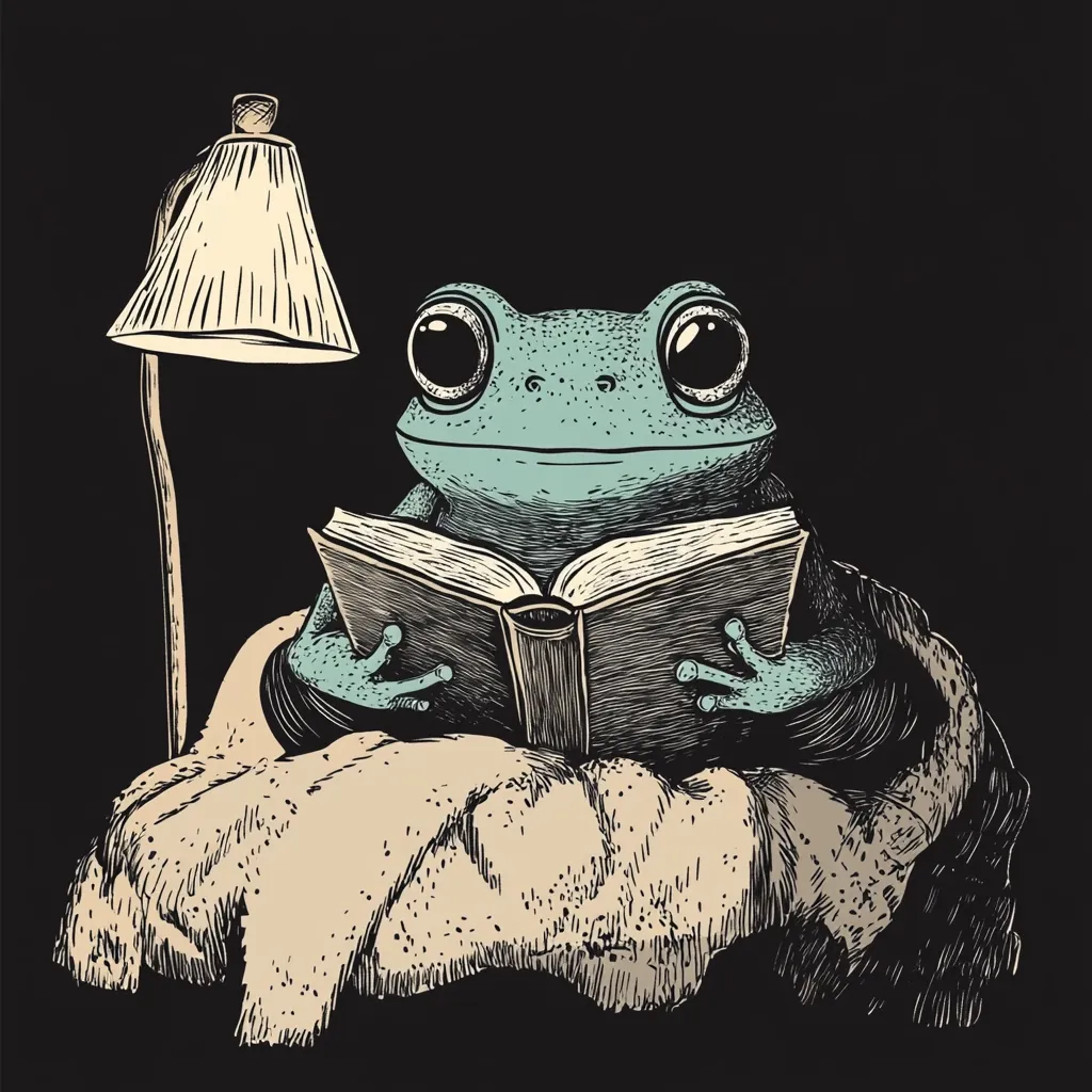 A charming illustration depicts a teal frog engrossed in reading a book under a bedside lamp.  The frog sits comfortably nestled in a blanket, its large eyes fixed on the pages.  The style is reminiscent of vintage woodcuts, with detailed hatching and cross-hatching creating texture and depth. The dark background accentuates the frog and the warm tones of the blanket and lamp.