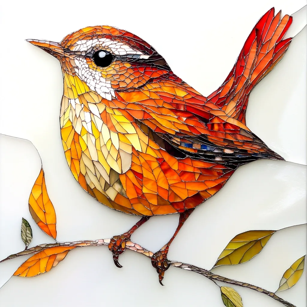 A vibrant stained-glass artwork depicts a wren perched on a branch.  The bird's plumage is rendered in warm oranges, reds, and yellows, with meticulous detail in the individual glass pieces.  The branch features small, similarly colored leaves. The overall effect is a bright, lively, and detailed representation of nature.