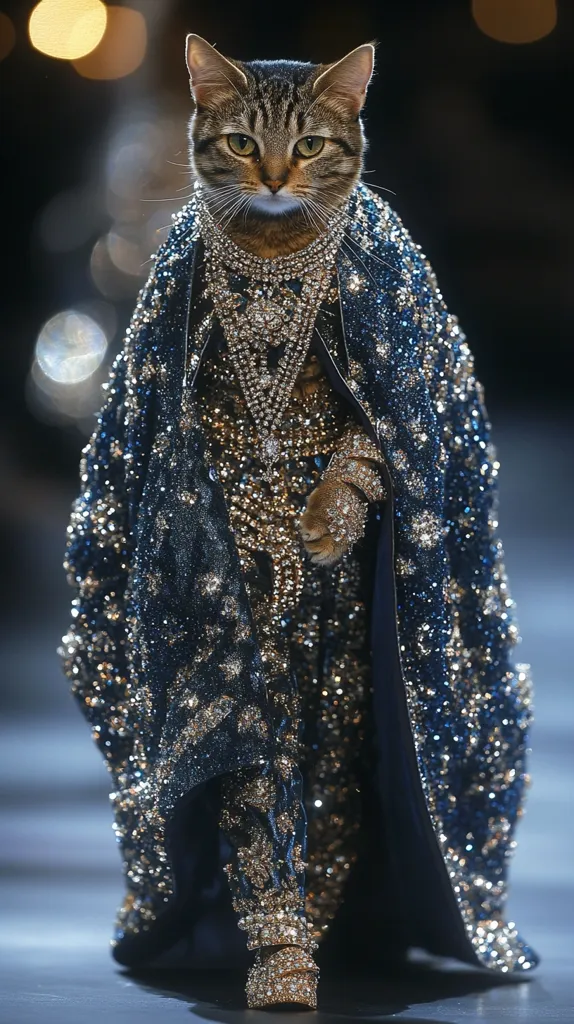 A tabby cat struts down a runway, adorned in a stunning, dark blue, sequined gown.  The opulent outfit features a long cape and is heavily embellished with glittering gold and diamond-like accents.  The cat's regal demeanor and luxurious attire create a captivating and humorous image.  The background is blurred, focusing attention on the feline fashion icon.