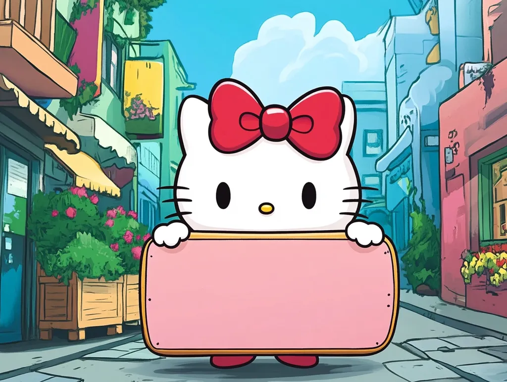 Hello Kitty, with her signature red bow, stands in a charming, colorful street scene.  She holds a large, blank pink sign, perfect for a message or advertisement. The background features whimsical shops and buildings, creating a cheerful and inviting atmosphere.  Flower boxes add to the picturesque setting.