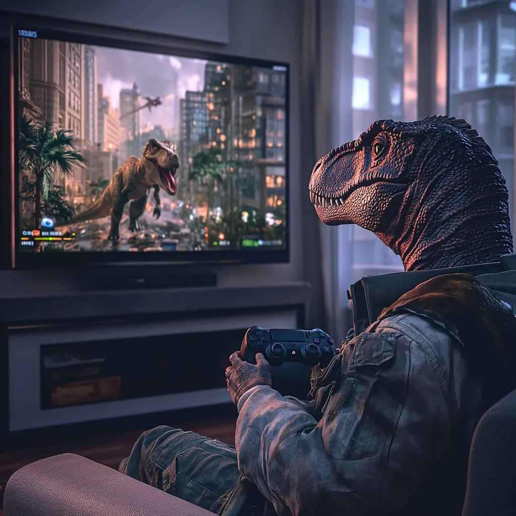 A person wearing a realistic dinosaur head mask is engrossed in a video game.  The game, displayed on a large television, depicts a city under attack by dinosaurs.  The gamer holds a controller, deeply focused on the action unfolding on screen. The scene is set in a dimly lit living room, creating a dramatic and surreal atmosphere.
