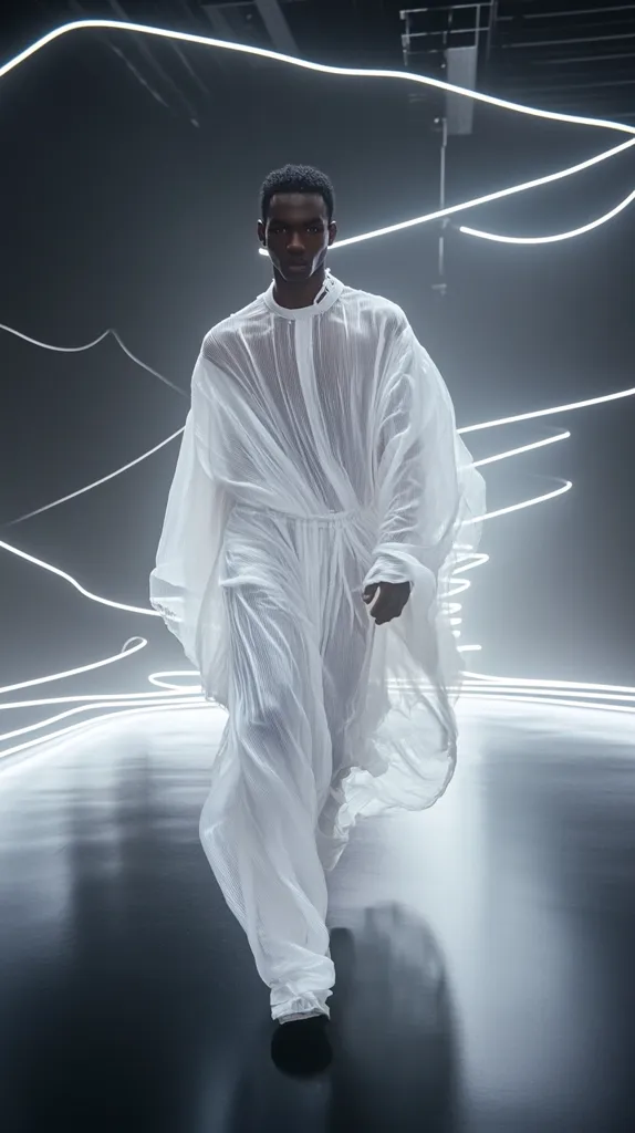 A male model strides confidently down a runway, his presence illuminated by a backdrop of glowing neon lines. He is dressed in an avant-garde, flowing white ensemble that drapes elegantly around his form.  The outfit's sheer and pleated fabric creates a sense of ethereal movement, complementing the dynamic lighting. The overall aesthetic is minimalist and futuristic, suggesting a blend of high fashion and technological influence.