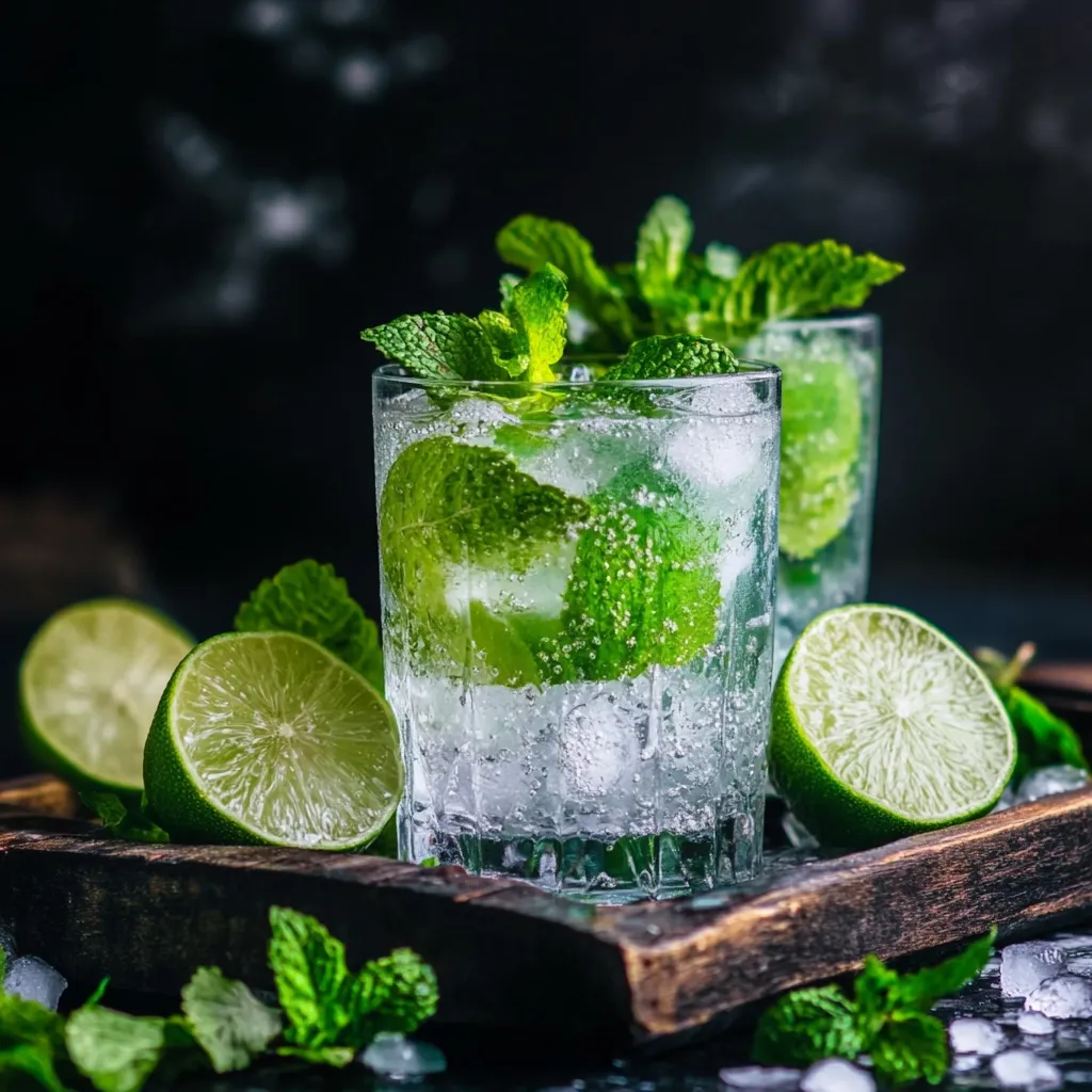 Two refreshing mojito cocktails are displayed on a dark wooden tray.  The drinks are filled with ice, fresh mint leaves, and lime wedges.  Additional limes and mint sprigs are scattered around the tray, emphasizing the vibrant green hues. The dark background enhances the cocktails' coolness and creates a visually appealing image.  Ice cubes are scattered on the surface.
