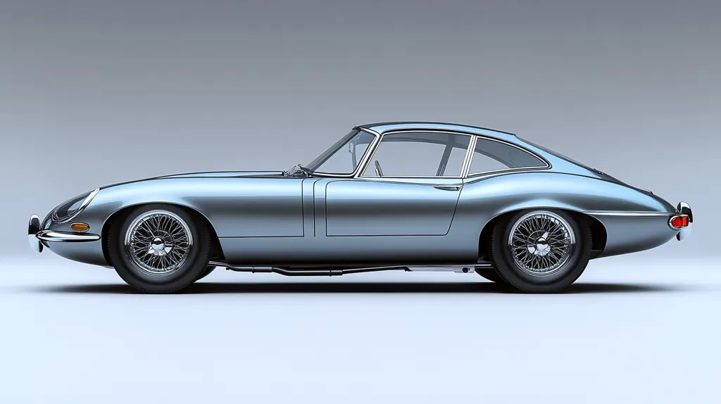 A profile view of a classic, light-blue Jaguar E-Type sports car is presented against a neutral gray background. The car's sleek, elegant design is emphasized by the smooth curves and metallic sheen of its body.  The wire-spoke wheels and subtle chrome detailing enhance its vintage appeal.  The image is clean and minimalist, focusing attention solely on the vehicle.