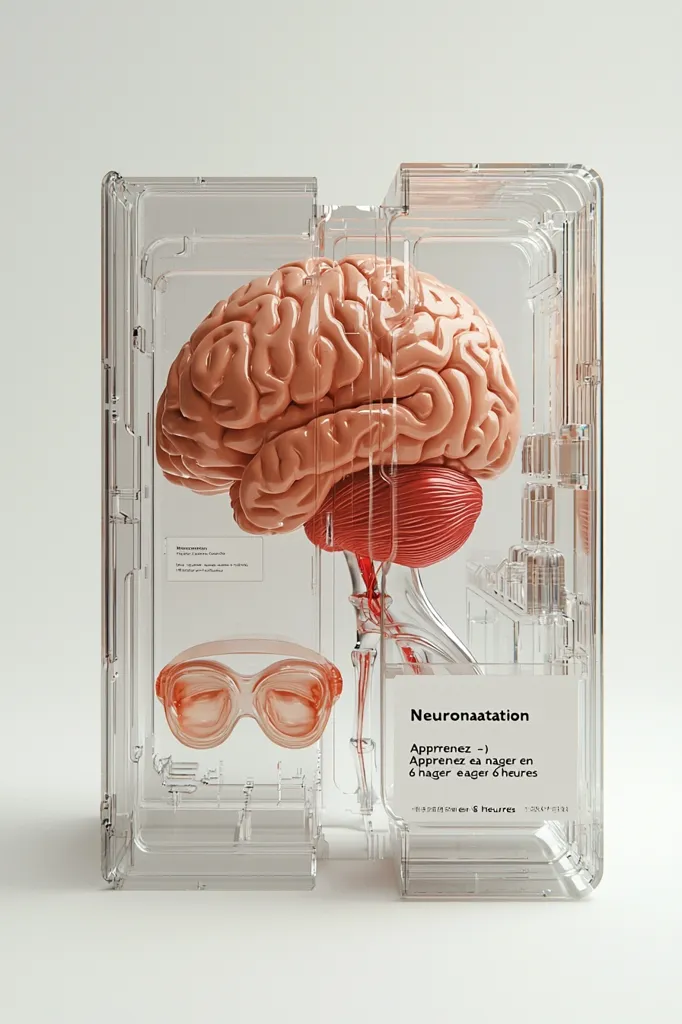 A realistic model of a human brain, along with a pair of goggles, is encased within a clear acrylic box. The box is labeled "Neuronaatation" and includes text in French, suggesting a connection between learning to swim and brain function. The overall presentation is clean, minimalist, and somewhat surreal.