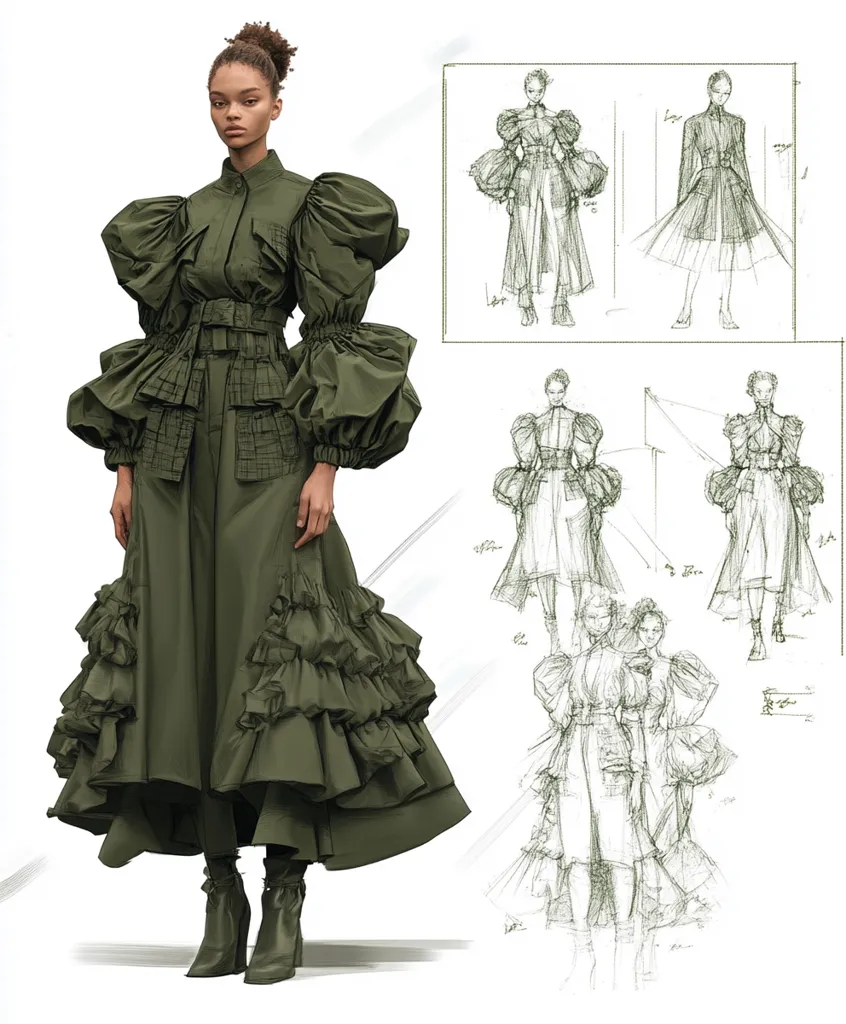 A model showcases a striking olive green ensemble. The outfit features a belted jacket with dramatic, voluminous puffed sleeves and a layered, ruffled midi skirt.  Accompanying the photograph are several fashion sketches, illustrating the design process and variations of the garment, highlighting the evolution from initial concept to the final creation. The sketches show different perspectives and details of the clothing design.