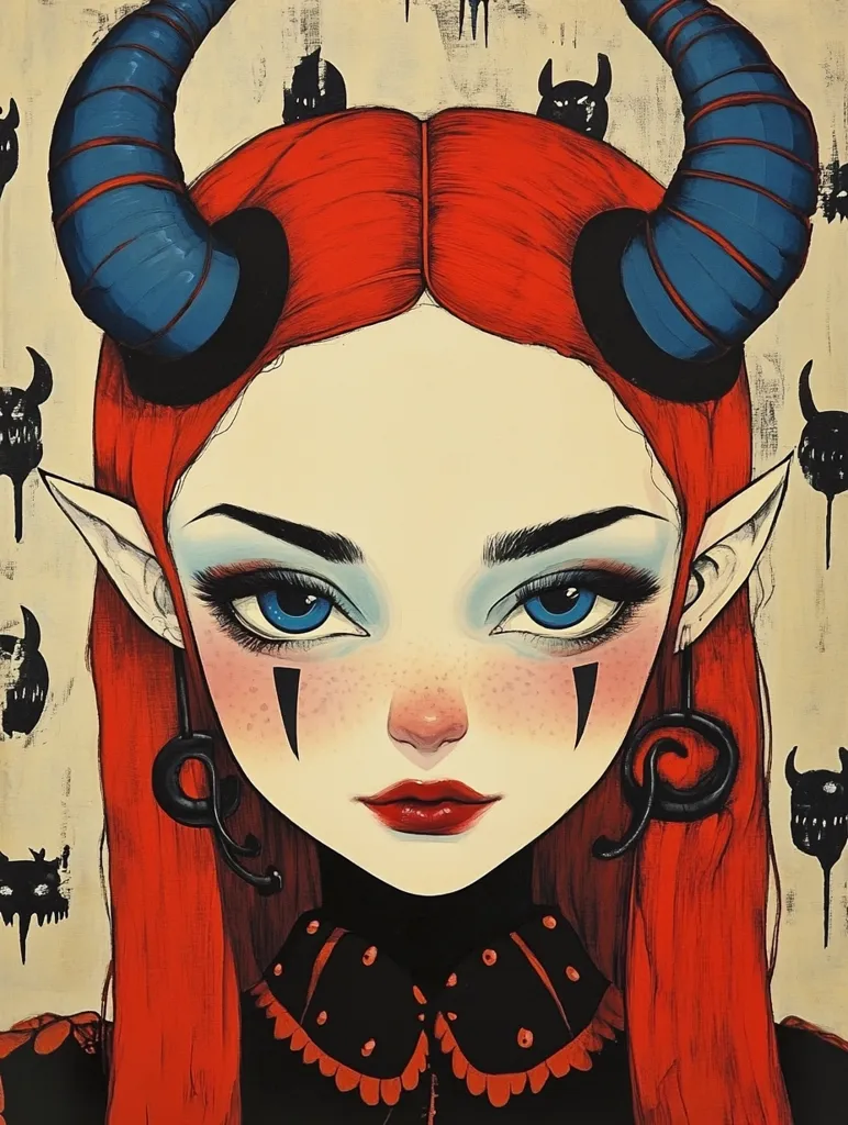 A stylized portrait of a young woman with vibrant red hair and large, expressive blue eyes.  She possesses devil horns and pointed ears, adding a whimsical, dark fantasy element.  Her attire is a dark, collared dress with red accents.  Small, demonic figures are subtly depicted in the background, complementing the overall aesthetic.  The art style is bold and graphic, with a focus on contrasting colors and textures.