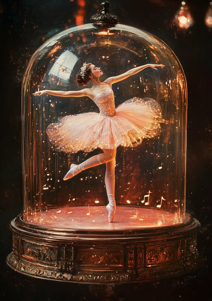 A ballerina in a delicate peach tutu is gracefully poised inside a large glass dome.  Warm light illuminates the scene, casting a magical glow and scattering musical notes within the enclosure.  The ornate base of the dome adds to the enchanting, almost fairytale-like atmosphere.  The ballerina's pose is elegant and serene, captured in a moment of ethereal beauty.