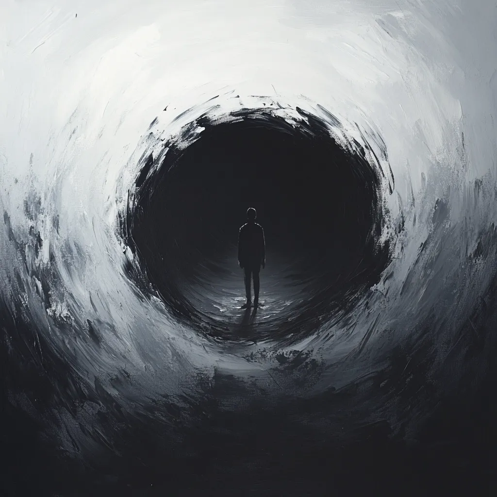 A solitary figure stands at the entrance of a dark, swirling abyss.  The painting is rendered in shades of gray and black, emphasizing the stark contrast between the light, turbulent exterior and the ominous darkness within.  The figure's silhouette is small against the vast, unknown depths, creating a sense of isolation and vulnerability.  The impasto technique adds texture and depth to the swirling vortex.