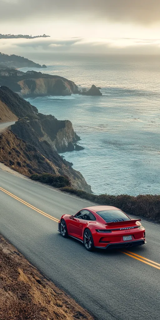 A vibrant red Porsche 911 GT3 RS cruises along a scenic coastal highway.  The winding road hugs a cliff overlooking a calm ocean, with a misty coastline in the background. The sun casts a warm glow on the scene, creating a dramatic contrast between the powerful car and the tranquil landscape. The image evokes a sense of freedom and adventure.