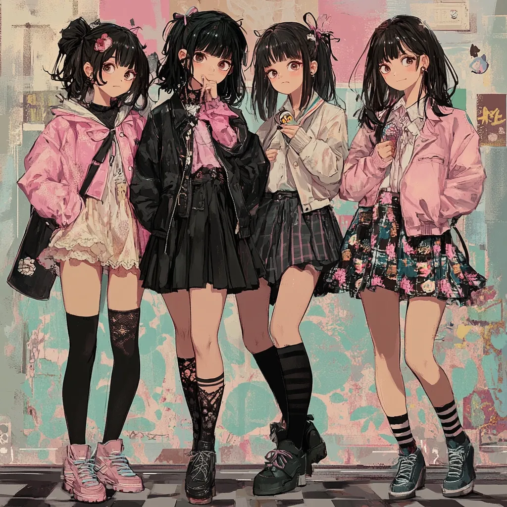 Four anime girls pose in various outfits against a pastel background.  The girl on the far left wears a pink jacket and lace-trimmed skirt, while the girl next to her is in a black jacket and skirt. The center girl sports a white cardigan and plaid skirt, and the girl on the right wears a pink jacket and floral patterned skirt. All four wear knee-high socks and fashionable shoes, showcasing distinct styles.