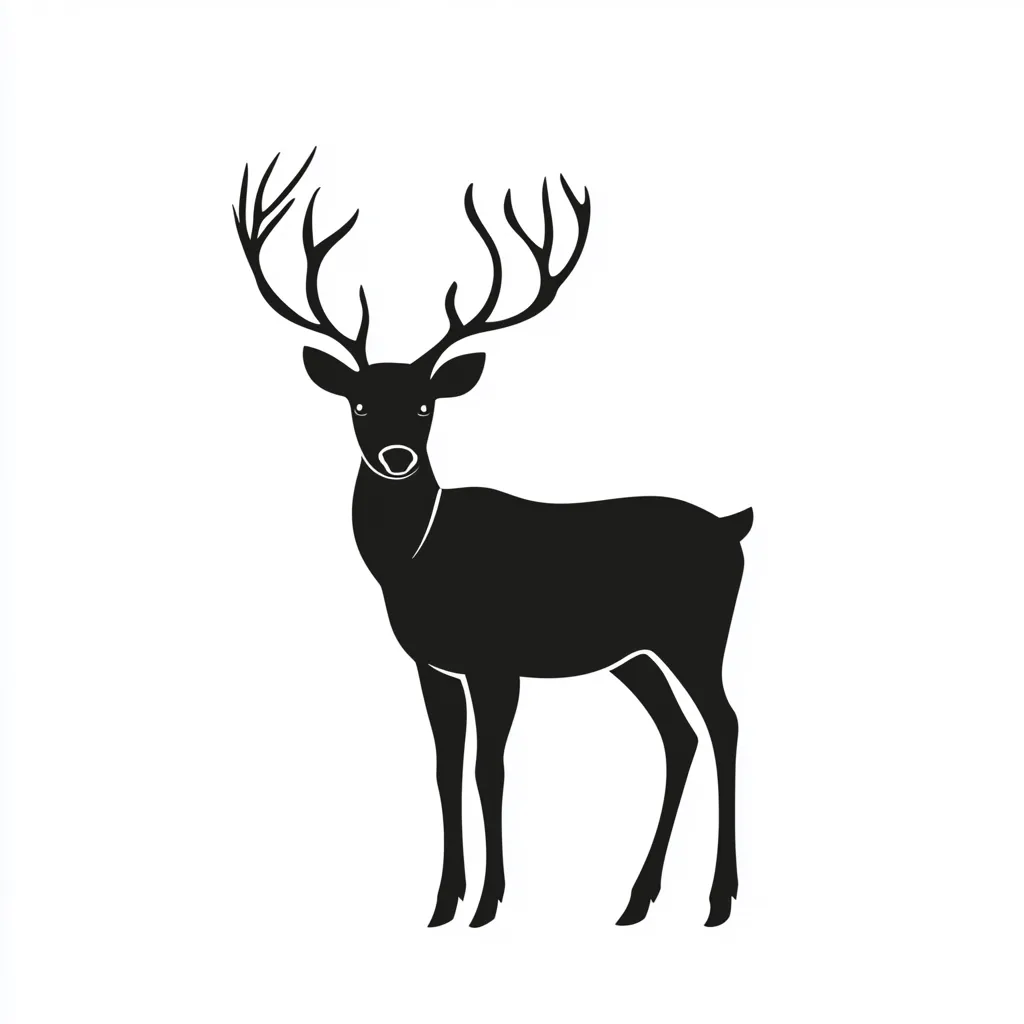 A simple, black silhouette of a deer stands against a white background.  The deer is depicted in profile view, facing forward, showcasing its large antlers and slender body.  The image is clean and minimalist, suitable for logo design or decorative purposes.  The solid black fill provides a strong visual contrast.