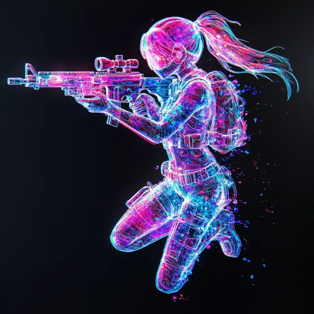 A vibrant, stylized digital artwork depicts a female soldier in a dynamic pose, aiming an assault rifle.  Her body is rendered in a glowing, wireframe aesthetic with pink and blue hues, creating a futuristic and almost ethereal effect.  She wears tactical gear and has her hair in a ponytail, adding to her action-ready appearance. The background is a stark black, emphasizing the luminescent figure.