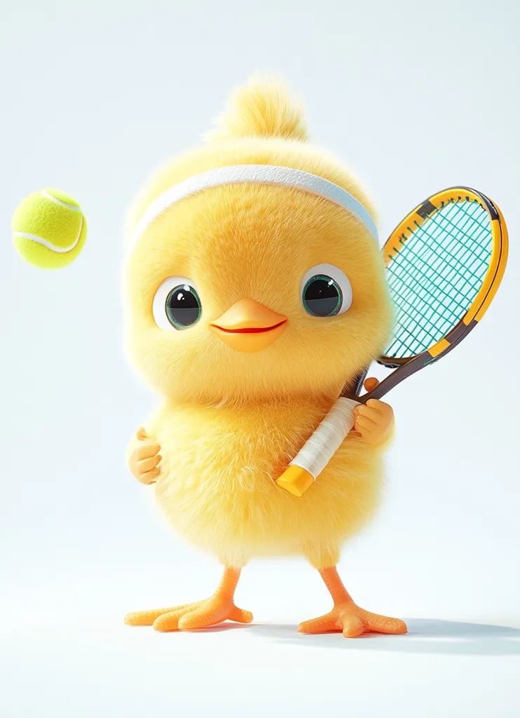 An adorable, fluffy yellow chick, wearing a white headband, holds a tennis racket.  A tennis ball floats nearby. The chick's large eyes and cheerful expression create a charming image, suggesting a playful and sporty personality. The 3D rendering style adds to its cuteness.