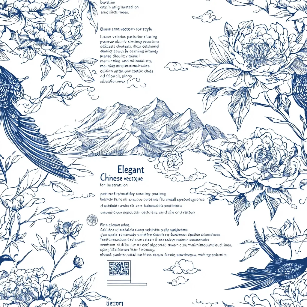 This elegant design features a blue and white Chinese-style illustration.  Delicate line drawings depict peonies, swallows in flight, and a majestic mountain range. The artwork is framed by stylized clouds, creating a serene and balanced composition.  The overall aesthetic is minimalist and sophisticated, evoking traditional Chinese art.  A QR code is included.