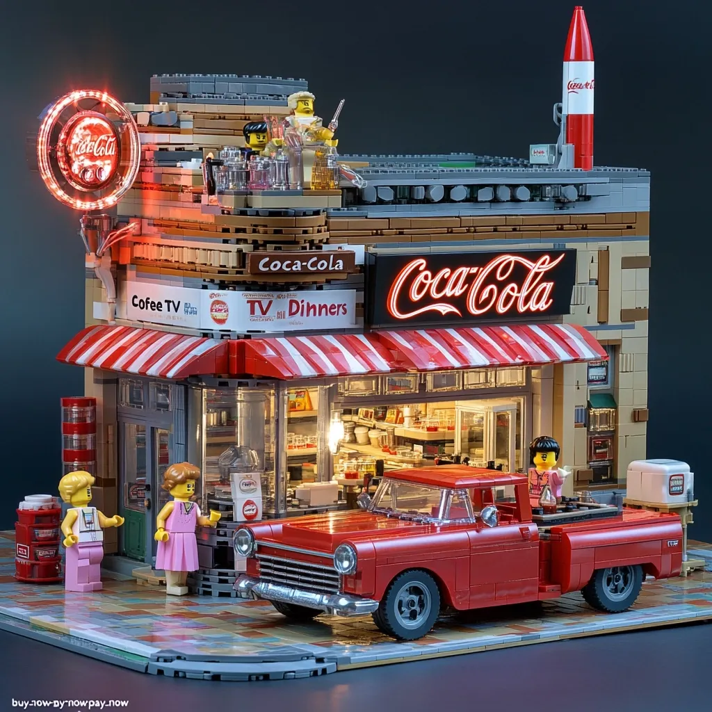 A meticulously crafted LEGO model depicts a 1950s-style Coca-Cola diner.  The building features a red and white striped awning, illuminated Coca-Cola signage, and minifigures enjoying coffee and TV dinners. A classic red pickup truck is parked outside.  The scene is complete with a Coca-Cola rocket and vibrant lighting, creating a nostalgic atmosphere.