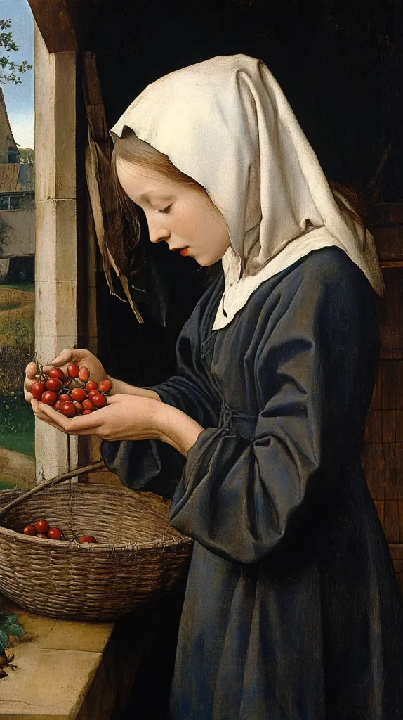 A young girl, wearing a dark dress and white head covering, carefully examines a cluster of red berries.  She holds them in her hands, her gaze focused intently on the fruit.  A woven basket sits nearby, partially filled with similar berries. The setting appears to be a rustic windowsill, with a glimpse of a countryside landscape in the background. The painting style is detailed and realistic, indicative of the Northern Renaissance.