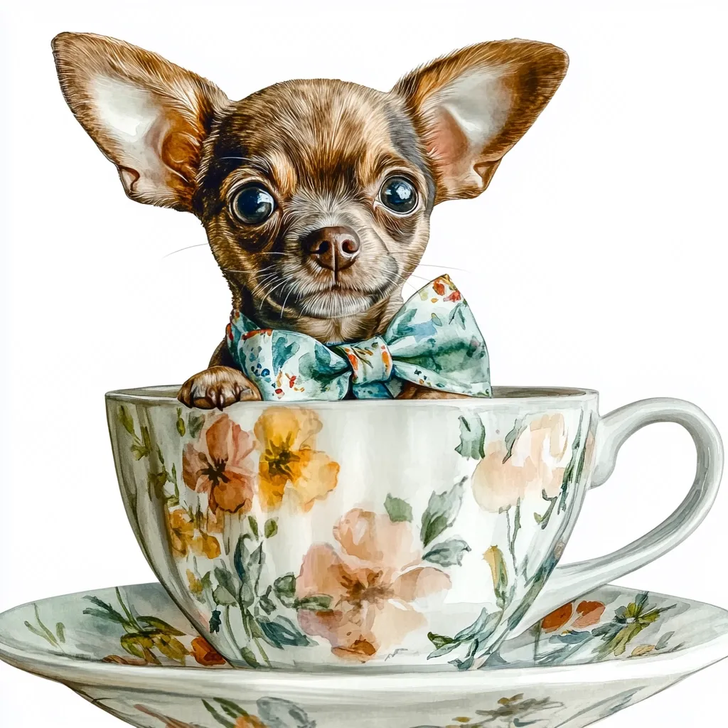 A charming watercolor painting depicts a brown chihuahua puppy nestled inside a floral teacup.  The puppy wears a delicate teal bow tie and gazes directly at the viewer with large, expressive eyes. The teacup is adorned with a pastel floral pattern, and sits on a matching saucer, creating a whimsical and elegant scene.