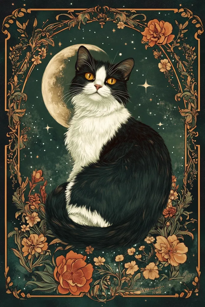 A tuxedo cat sits serenely amidst a lush floral arrangement, framed by an ornate border.  The backdrop is a dark, starlit night sky, featuring a large, glowing moon. The artwork's style is reminiscent of vintage botanical illustrations, with rich, deep colors and meticulous detail in both the cat and the surrounding flowers. The overall mood is mystical and enchanting.