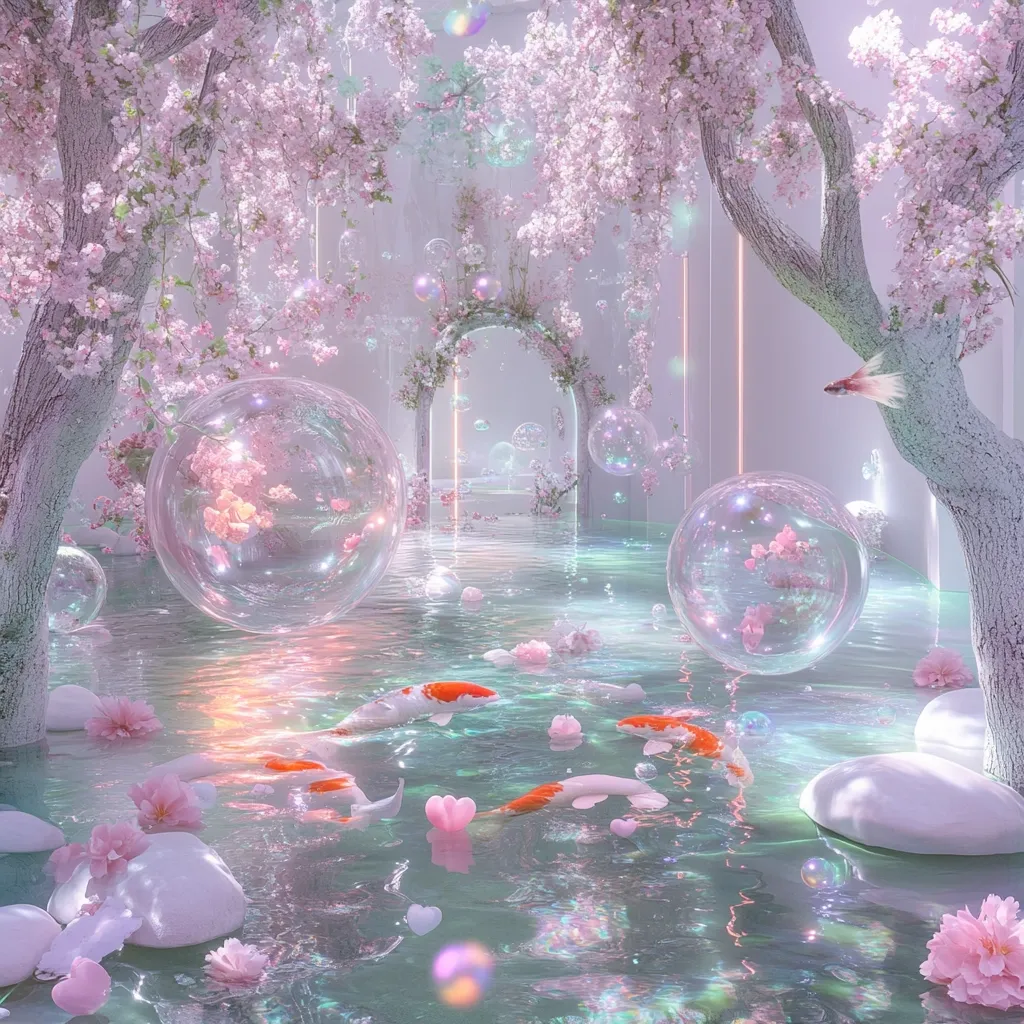 A serene, ethereal scene depicts a tranquil pond surrounded by blossoming pink cherry trees.  Giant, iridescent bubbles float amidst the water, reflecting the blossoms.  Koi fish swim gracefully in the pond, while small hearts and flowers add to the magical ambiance.  The overall aesthetic is dreamy and whimsical, suggesting a fantasy landscape.