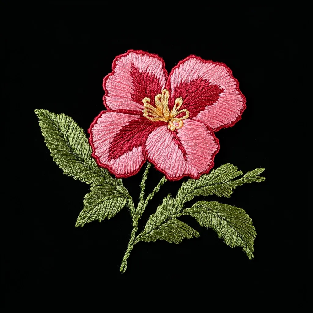 A meticulously embroidered flower, predominantly pink and red, is showcased against a stark black backdrop.  The flower, possibly a pansy or similar bloom, is rendered with detailed stitching, highlighting its delicate petals and central stamens.  Accompanying green leaves, equally detailed, complete the composition, creating a vibrant and elegant piece of needlework.