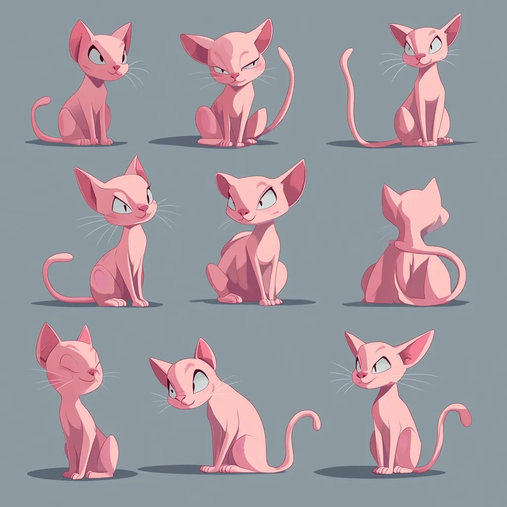 Nine illustrations showcase a pink cartoon cat in various poses.  The cat is depicted from different angles, including sitting, looking sideways, and with its back to the viewer.  The style is consistent throughout, with a smooth, slightly stylized rendering of the cat's features.  The background is a solid, neutral gray.