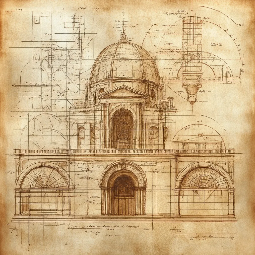 An architectural blueprint, sepia-toned, depicts a detailed design for a grand building.  The drawing showcases a classical structure with a prominent dome, arched entrances, and intricate façade details.  Overlaid grid lines and annotations suggest meticulous planning and measurements.  The style evokes historical architectural drawings, possibly from the Renaissance or Baroque periods. The image emphasizes the precision and artistry involved in architectural design.