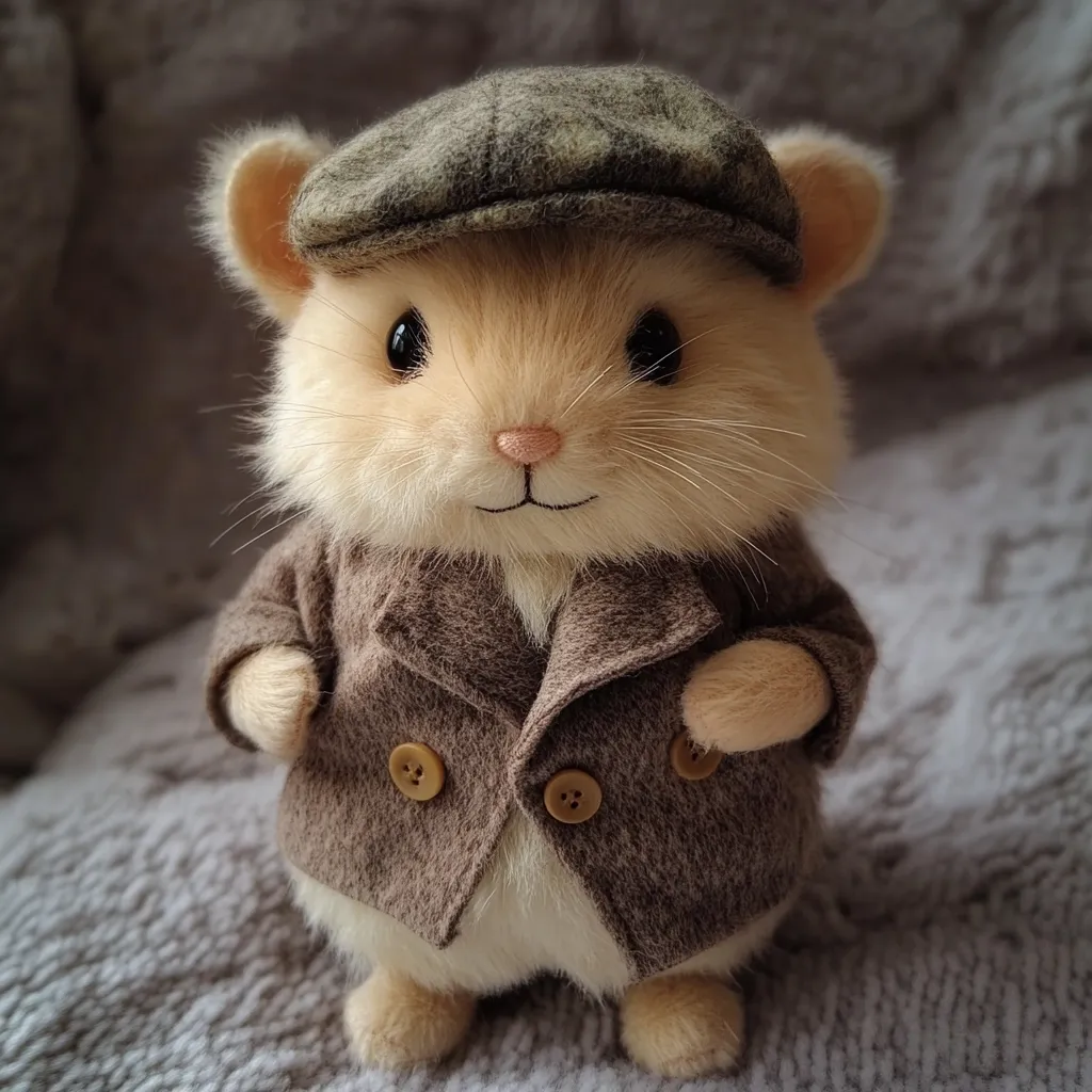 A charming handcrafted hamster toy is dressed in a miniature brown coat and newsboy cap.  Its soft, light beige fur and endearing expression create a delightful, whimsical character.  The detailed stitching on the clothing adds to its sophisticated appeal. The hamster sits on a soft, textured surface, enhancing the overall image of cuteness and artistry.