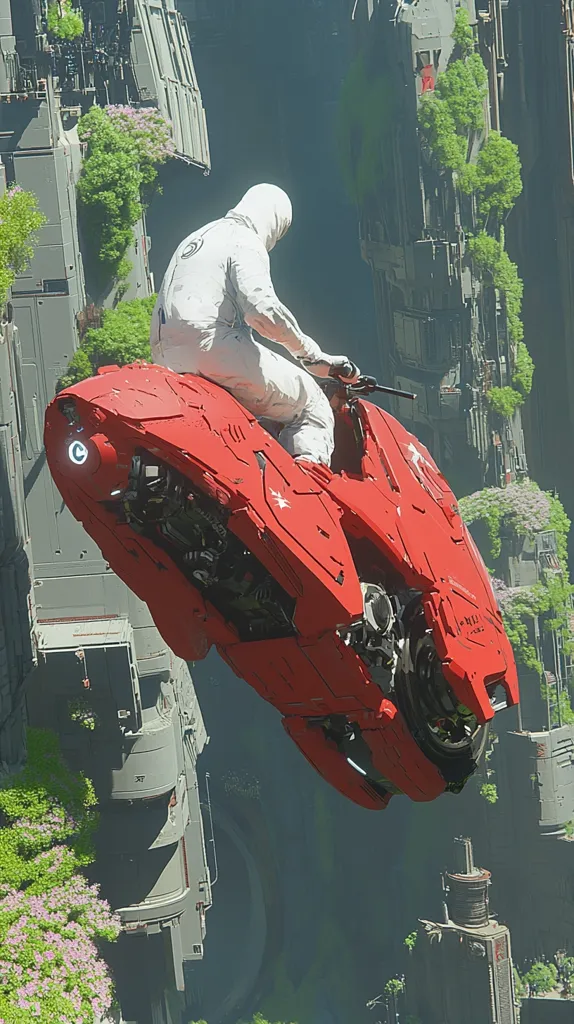 A futuristic scene depicts a person in a white suit riding a vibrant red, hover-style motorcycle. The vehicle is sleek and angular, with exposed mechanical parts.  The backdrop is a surreal cityscape of grey metallic structures interspersed with lush green vegetation, suggesting a blend of technology and nature. The overall aesthetic is one of science fiction, with a sense of movement and dynamism.