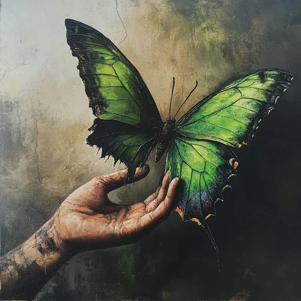 A painting depicts a large, vibrant green butterfly with tattered edges, delicately perched on a weathered hand.  The hand, partially tattooed, suggests a sense of age and experience. The background is a moody blend of dark greens and browns, creating a dramatic contrast with the butterfly's vivid color. The overall style is realistic, with a focus on texture and detail.  The image evokes themes of fragility, time, and connection.