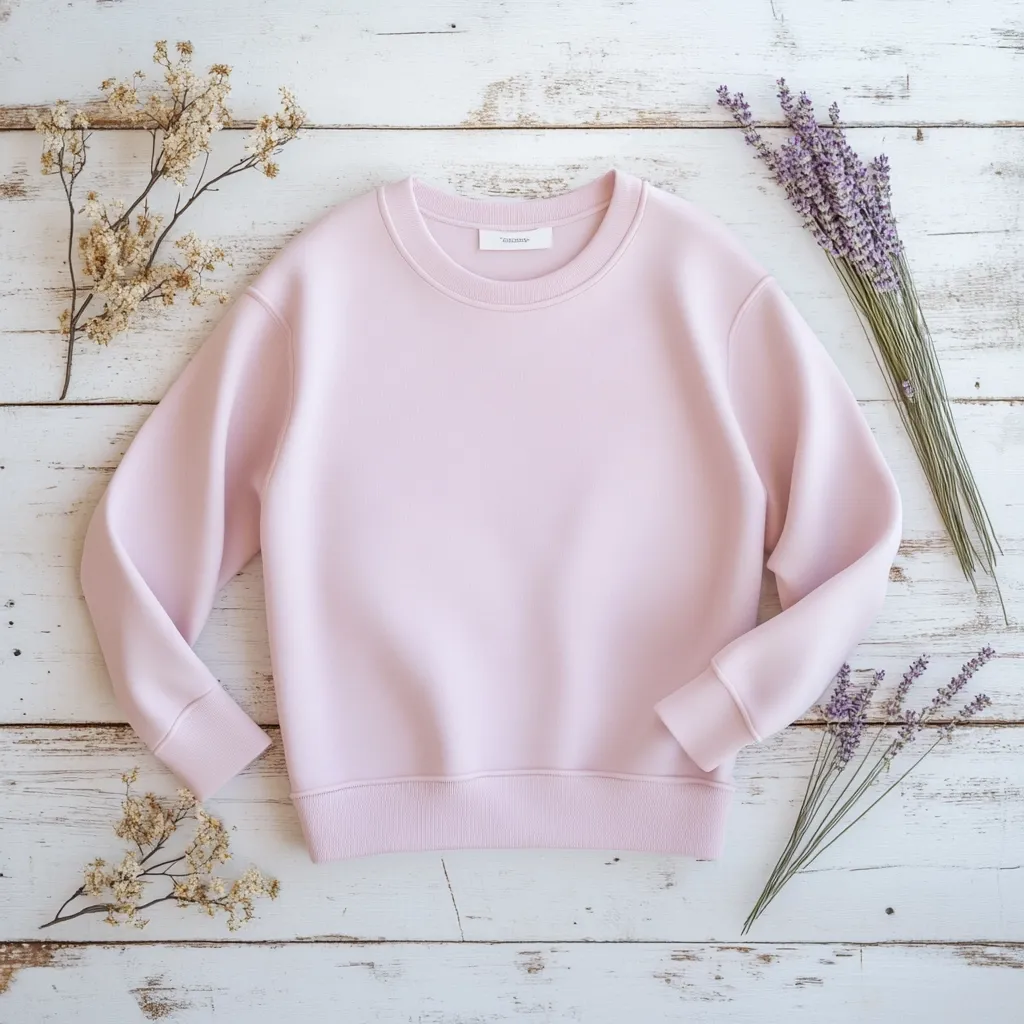 A pale pink crewneck sweatshirt lies flat on a whitewashed wooden surface.  Dried lavender sprigs and other dried floral accents are artfully arranged around the garment, creating a minimalist, stylish flat lay. The sweatshirt appears soft and comfortable, showcasing a simple, unbranded design.  The overall aesthetic is calming and serene.