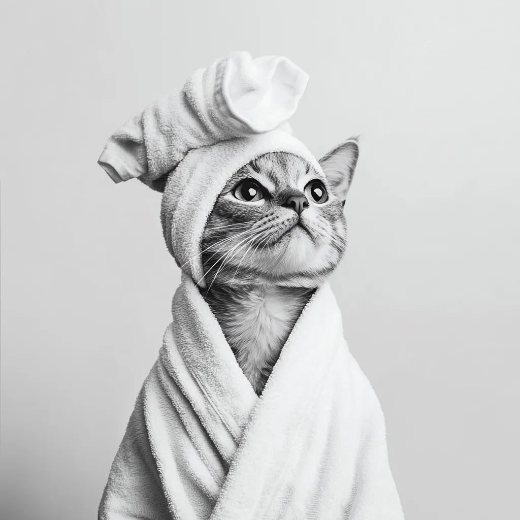 A black and white photograph shows a cat wrapped in a fluffy white bathrobe.  A towel is neatly placed on its head.  The cat gazes upward, appearing pampered and sophisticated. The image is minimalist and evokes a sense of calm and cleanliness. The overall mood is humorous and charming.