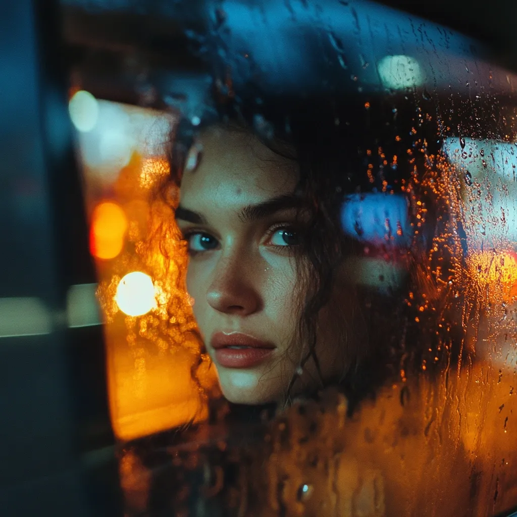 A young woman with dark, curly hair gazes intently from behind a rain-streaked window.  The blurry city lights in warm and cool tones create a vibrant, yet melancholic backdrop. Water droplets cling to the glass, obscuring a portion of her face, adding to the mysterious and captivating mood of the image.  Her expression is serious, almost pensive.