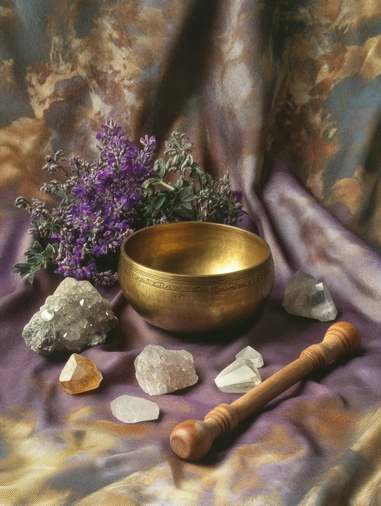 A brass singing bowl rests on a purple cloth, surrounded by various crystals and a bunch of lavender.  A wooden striker lies beside the bowl. The scene evokes a sense of calm and tranquility, suggesting a setting for meditation or sound healing. The soft lighting and muted colors enhance the peaceful atmosphere.