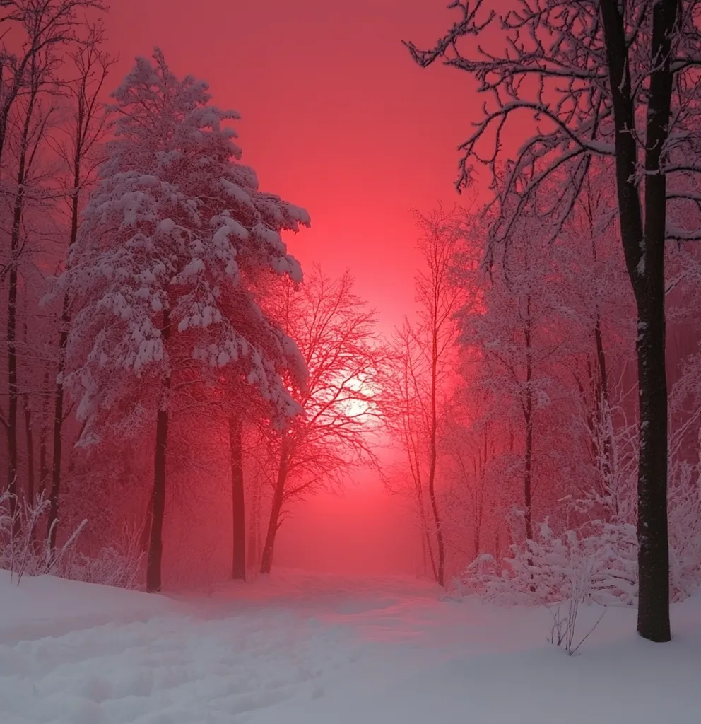 A snowy path winds through a winter forest bathed in an intense red light from a low-hanging sun.  Snow covers the trees and ground, creating a serene, almost surreal scene.  The crimson glow casts long shadows, highlighting the delicate branches of the snow-laden trees. The atmosphere is peaceful and magical.