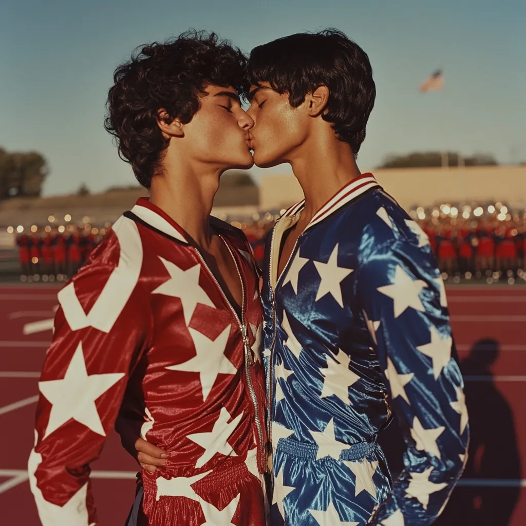 Two young men, dressed in matching red and blue star-patterned satin jackets, share a tender kiss on a running track.  A marching band stands in the background, blurred, suggesting a vibrant, possibly celebratory atmosphere.  The sunlit scene conveys a feeling of youthful joy and intimacy.