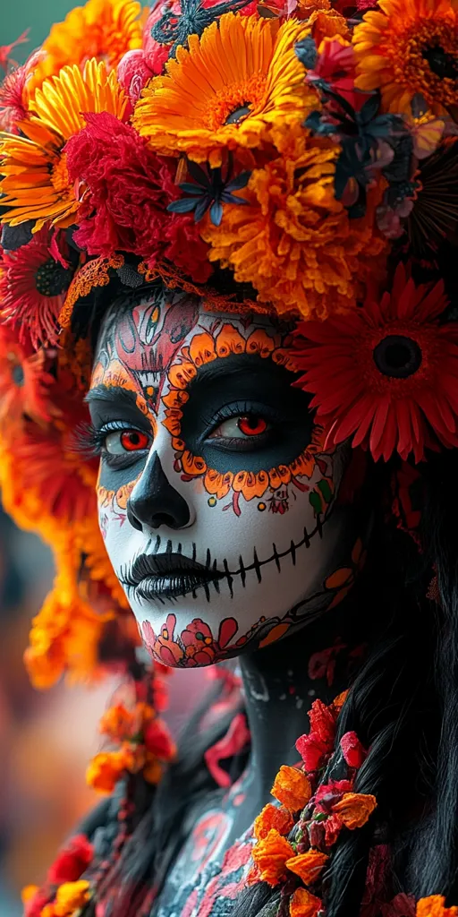 A close-up shot of a person adorned in elaborate Dia de Muertos makeup.  The skull-like face paint is detailed with intricate designs and vibrant colors, complemented by a crown of bright orange and red flowers.  The model's dark hair cascades down, interwoven with more flowers, creating a striking and visually captivating image. The overall effect is one of beauty and artistic expression, celebrating the Mexican holiday.