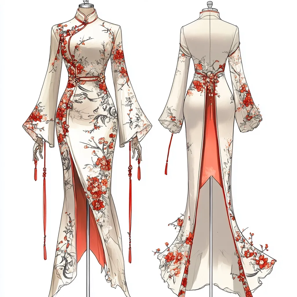 A fashion illustration showcases a cream-colored qipao, adorned with a vibrant red floral pattern.  The long-sleeved dress features a high mandarin collar, a fitted bodice, and a flowing, floor-length skirt with a high slit.  The back view reveals a coral-colored sash.  Red tassels hang from the cuffs, adding to the elegant design. The dress is presented on a mannequin, highlighting its details from both front and back perspectives.