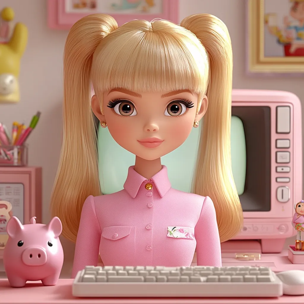 A 3D-rendered doll with blonde pigtails sits at a pink computer desk. She wears a pink collared shirt and has large, expressive eyes.  A piggy bank sits beside the keyboard. The room is decorated in a retro pink aesthetic, with a vintage-style television and framed pictures in the background. The overall style is cute and whimsical.