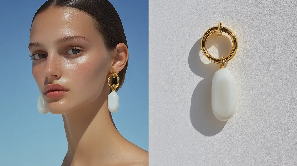 A close-up image showcases a woman with sun-kissed skin, her hair pulled back, wearing elegant earrings.  The earrings feature a gold circular design with a dangling off-white, oval-shaped pendant.  A separate detailed shot highlights the earring's design, emphasizing the gold's gleam against the matte white stone. The overall aesthetic is minimalist and chic.