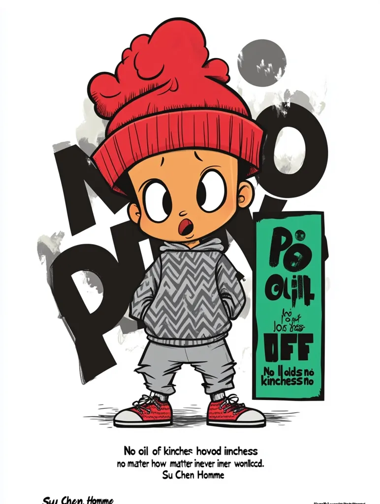 A cartoon illustration of a young boy, wearing a red beanie and gray zig-zag patterned sweater, stands with a surprised expression. He holds a green sign that says "PO Off," with additional text indicating "no oil of kinches, no matter how matter." The artwork features bold outlines and a graffiti-style background. The phrase "Su Chen Homme" is repeated at the bottom, likely the artist's signature.