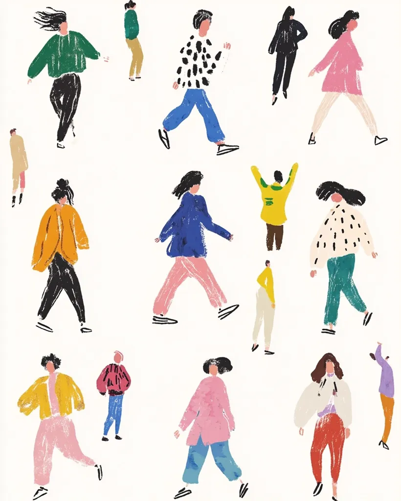 A colorful illustration features numerous stylized figures, each depicted in a unique pose and outfit.  The figures are rendered in a loose, painterly style with bold colors and simple shapes. They are casually arranged across the composition, suggesting movement and a sense of everyday life.  The overall aesthetic is playful and modern.