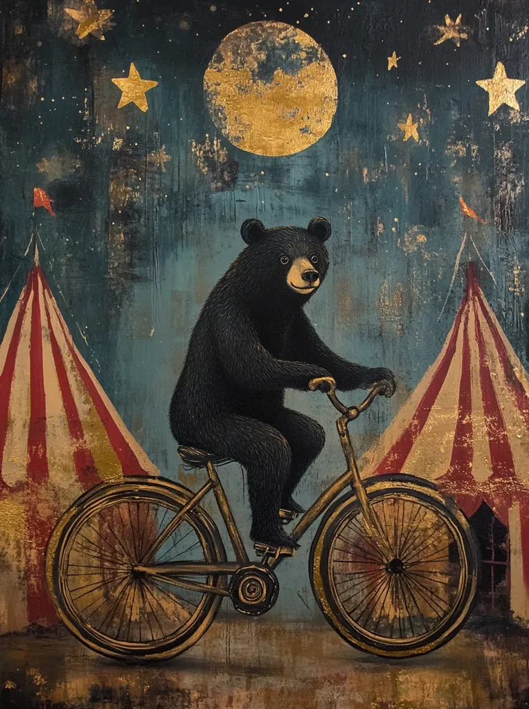 A whimsical painting depicts a black bear riding a vintage bicycle under a large, golden moon.  Two circus tents flank the bear, adding to the surreal, nighttime scene.  Stars twinkle in the dark sky, creating a magical and slightly melancholic atmosphere. The overall style is reminiscent of vintage circus posters with a touch of folk art.